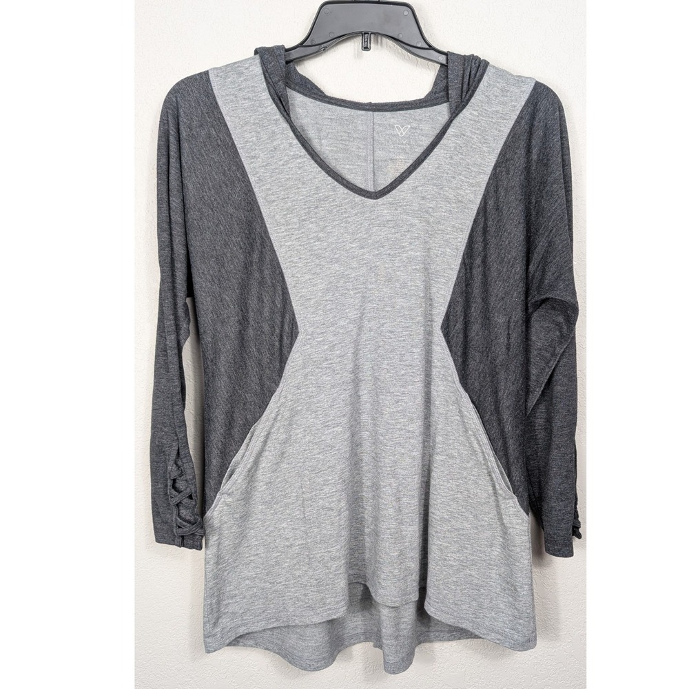 Livi Active Hoodie T-Shirt Women 1X 14/16 Gray Colorblock Strappy Cuff Pocket